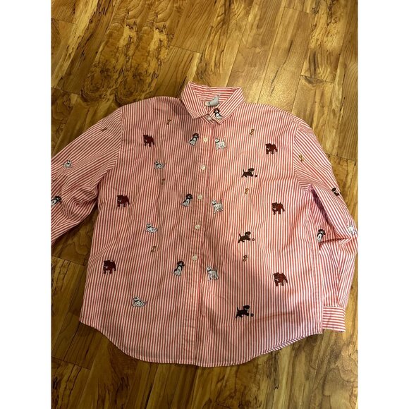 Teddi Red‎ White Striped Shirt with Embroidered Dogs – Size Large - Picture 6 of 13